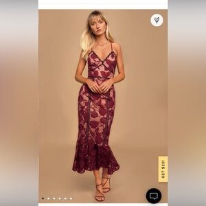Lulus Alluring Dream Burgundy Floral Mesh Lace Trumpet Midi Dress